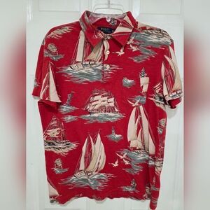 Polo Ralph Lauren Polo Shirt Sailor Boat Print Short Sleeve 100% Cotton Men's M